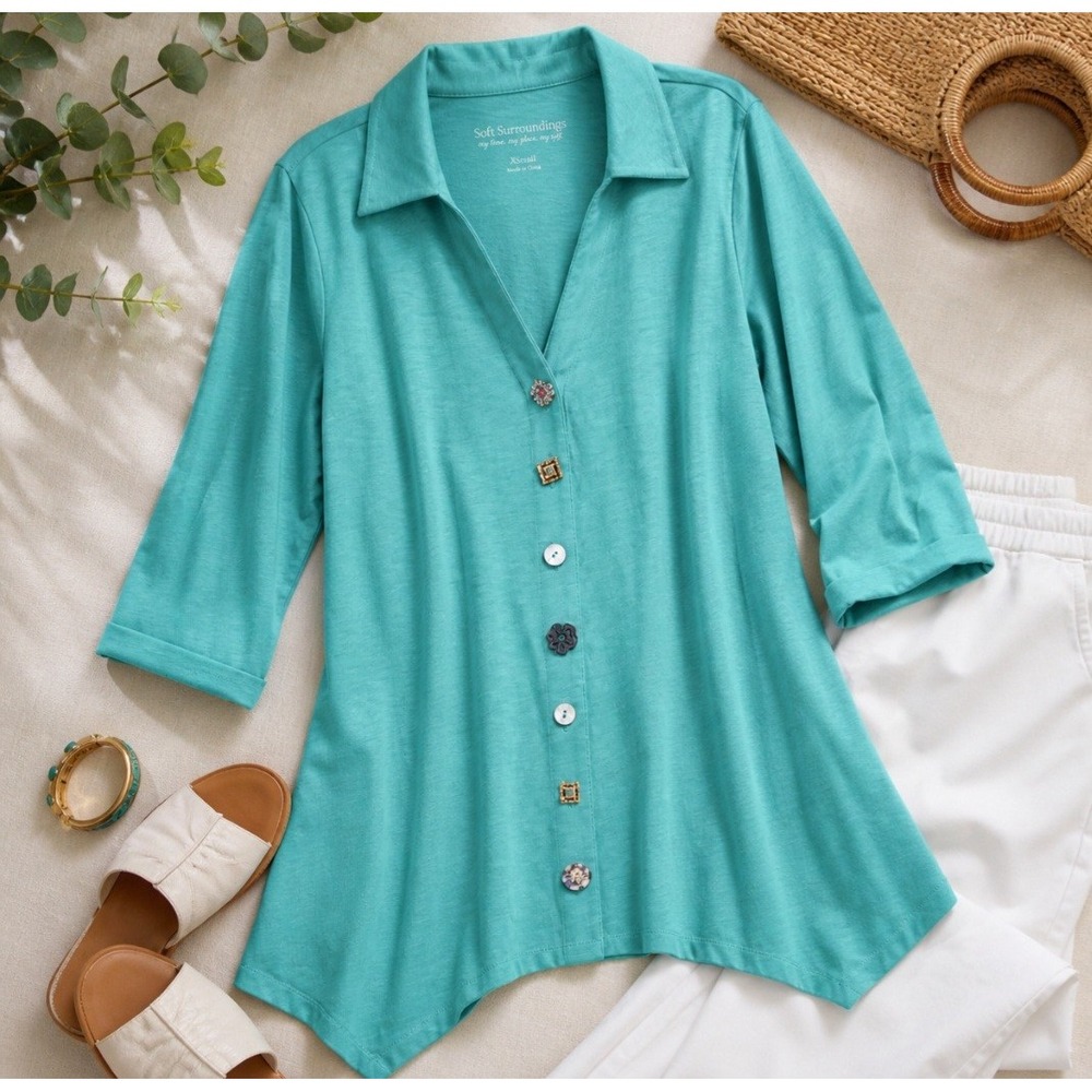 Soft Surroundings Aqua Tunic XS Artsy Button Top 3/4 Sleeve Boho Resort Coastal